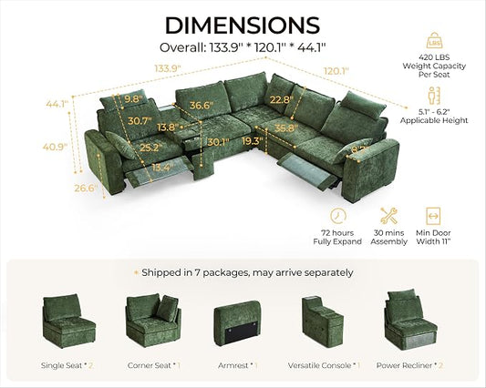 Oversized Modular Sectional Sofa with Double Power Recliner, Cloud Reclining Couch with Headrest, Storage Drawer Charging Cup Holders, Deep L-Shaped 6 Seater with Corner, Chenille, Green