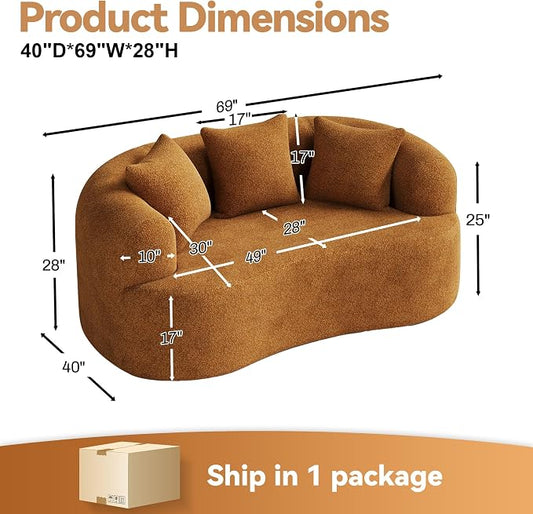 69" Curved Loveseat Sofa for Living Room, Modern Chenille Love Seat Cloud Couch, Luxury Plush Extra Deep Oversized Sofa for Small Spaces, Bedroom, Apartment, No Assembly Required, Orange