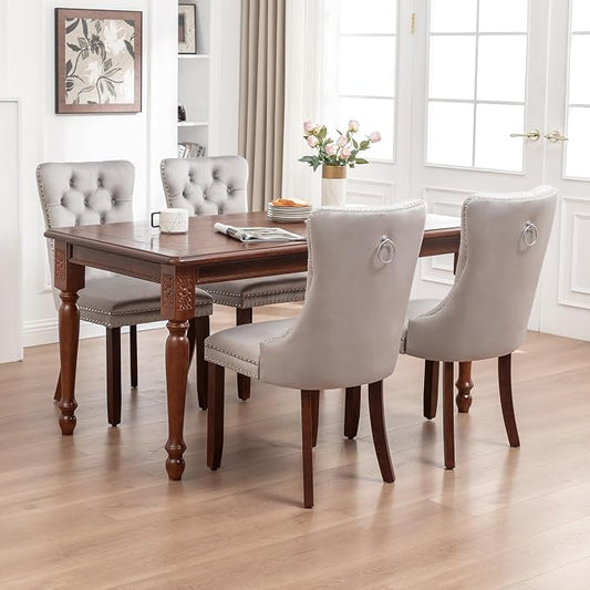 Mid Century Modern Dining Chair Set of 4 Velvet Upholstered Dining Accent Chair Farmhouse Dining Chairs with High Back and Nailhead Trim for Kitchen, Living Room, Bedroom (Light Gray)