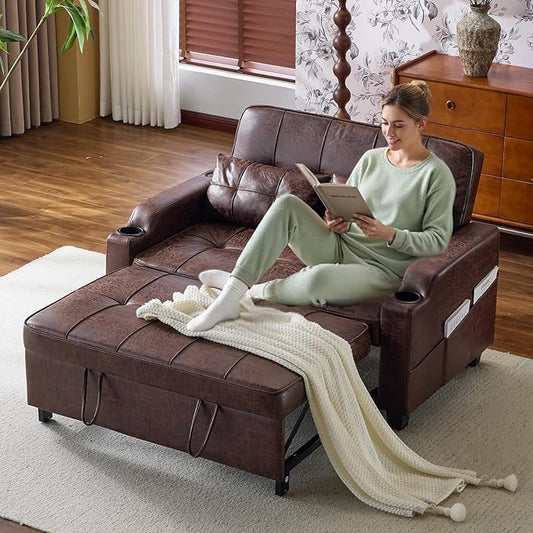 VINGLI Rustic Futon Sofa Bed Convertible Loveseat Sleeper Sofa Couch, Pullout Sofa Fold Out Couch Bed with USB Ports, Cup Holders, Armrest for Living Room, Bedroom Apartment Room