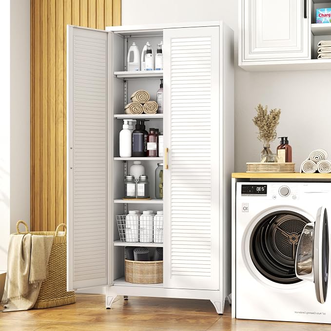 75" Metal Pantry Cabinet,Kitchen Storage Cabinet with Shelves | Louvered Metal Storage Cabinet,Adjustable Shelves,Gold Handles,Leveling Feet,Anti-tipping,for Garage/Kitchen White