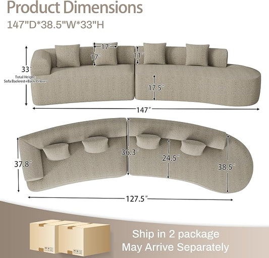 147" Oversized Sectional Sofa for Living Room, Large Modern Chenille Curved Cloud Couch, Luxury Plush 6-Seater Extra Deep Seat Boucle Boneless Couch, No Assembly Required, Light Brown