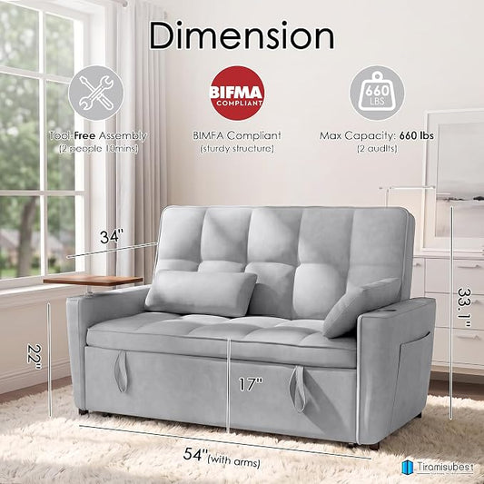 54'' Sleeper Sofa Bed, Convertible Pull Out Couch Futon for for Living Room,Apartment (Midgrey) Side Desk, USB Ports, Cup Hold, Velvet Fabric, Adjustable Backrest, Easy Assembly