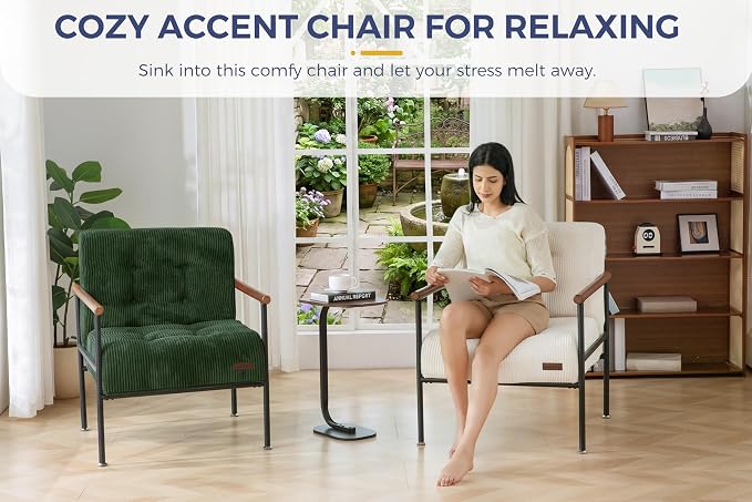MAXYOYO Living Room Accent Chair, Modern Chair with Sturdy Metal Frame & Wood Armrests, Upholstered Reading Chair with Upholstered Cushion for Bedroom Balcony Porch, Dark Green