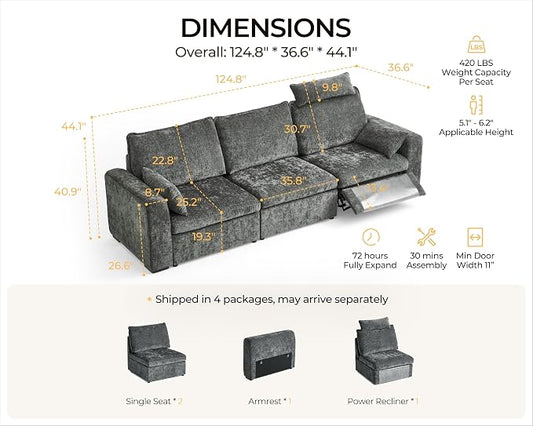 124.8'' Oversized Power Recliner Sofa with Headrest, Extra Wide Deep Modular Cloud Sectional Reclining Couch Wall Hugger, Convertible 3-Seater for RV Home Theater Living Room, Chenille, Grey