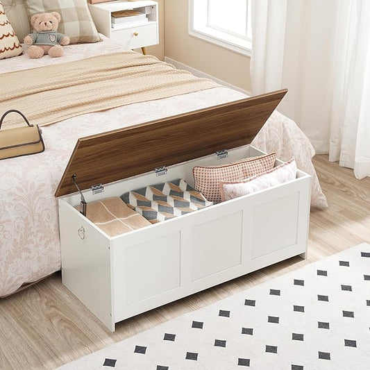 HOOBRO Storage Bench, 39.3" Retro Wooden Storage Chest, Wooden Storage Trunk, Toy Chest with Lift Top, Multifunctional Entryway Organizer, for Entryway, Living Room, White and Walnut WH141CW01G1