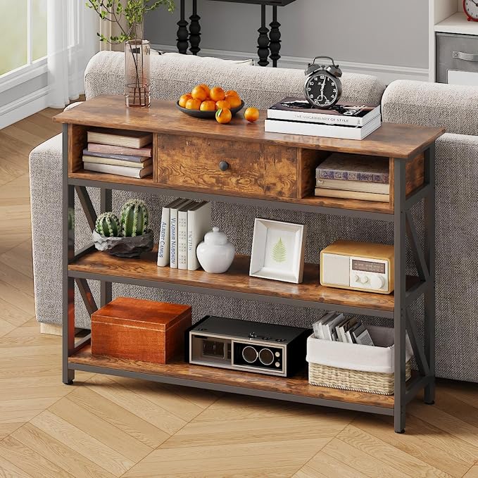 Mexin 39 Inch Console Sofa Table with Drawer, Entryway Table with Storage Shelves, Industrial Wood Hallway Table for Living Room Couch Foyer Kitchen Counter, Rustic Brown