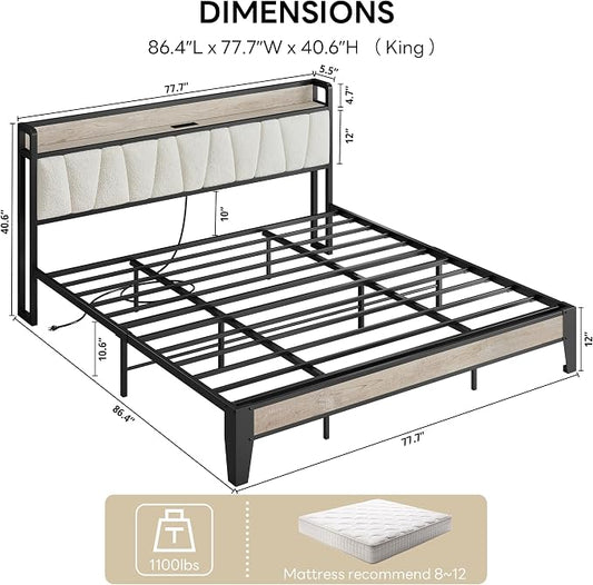 LIKIMIO King Size Bed Frames, Bouclé Storage Headboard with Charging Station, Solid and Stable, Noise Free, No Box Spring Needed, Easy Assembly
