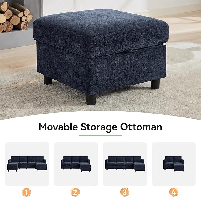 WUTUTUEE 107'' Modular Sectional Sofa Convertible U Shaped Sofa Couch Set with Storage for Living Room, Modern 6 Seater Modular Sectional Couch with Movable Ottoman, Chenille Navy