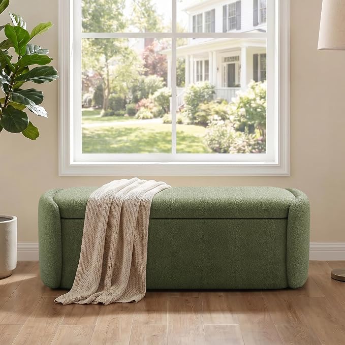 VKNOW 51" Storage Ottoman Bench, Upholstered End of Bed Bench with Smooth Hinges, Oval Large Ottoman Bench for Bedroom, Living Room and Hallway Entryway, Green