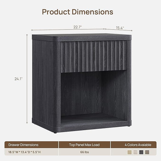 SICOTAS Night Stand Nightstand with Drawer Storage Fluted Bed Side Table End Table Large Modern Wide Bedside Mid Century Night Stands for Bedroom Living Room Sofa Couch Home Office, Dark Grey Alder