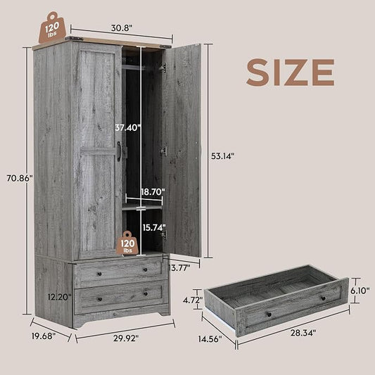 Brafab Armoire Wardrobe Closet with 2 Modern Doors, 71" Tall Freestanding Closet Wardrobe Cabinet with Drawers and Hanging Rail, Light Wooden Storage Cabinet with Shelve for Bedroom (Grey, 2 Doors)