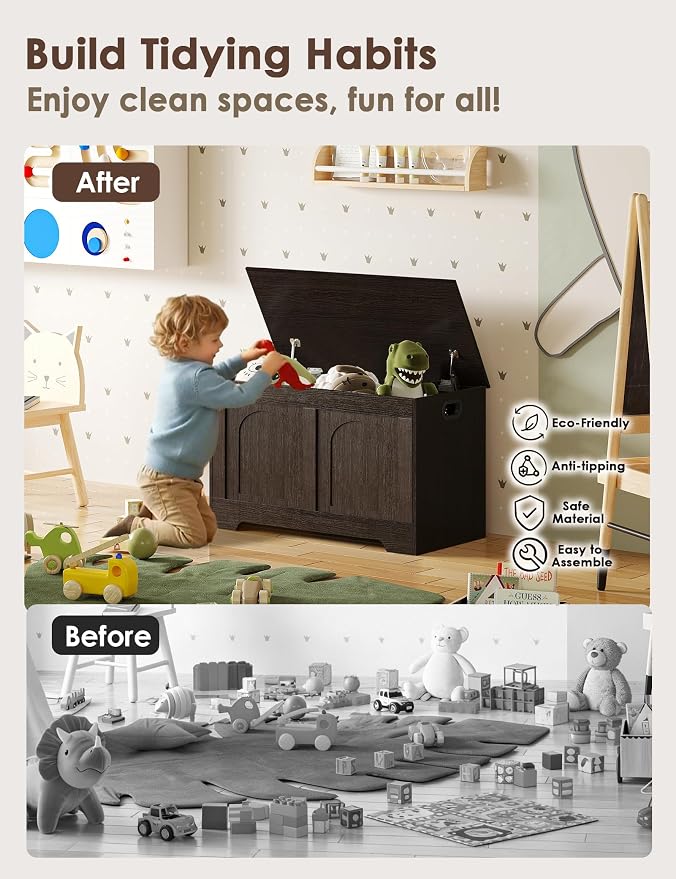 DINZI LVJ Storage Chest, 31.5”Wooden Toy Box with 2 Safety Hinges, Entryway Storage Bench with Flip-Top, Sturdy Storage Trunk for Living Room, Bedroom, Easy Assembly, Espresso