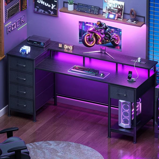 Korfile 55 Inch Computer Gaming Desk with Power Outlets LED Lights Reversible Home Office with Adjustable Fabric Storage Drawers for Working Writing Study, Black
