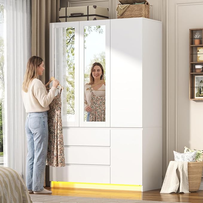 75"H Tall Modern 3 Doors Wooden Armoire Wardrobe Closet with 3 Drawers & 2 Mirror,Clothing Storage Cabinet with Hanging Rod,Bedroom Large Freestanding Armoires with Led Lights for Bedroom,White