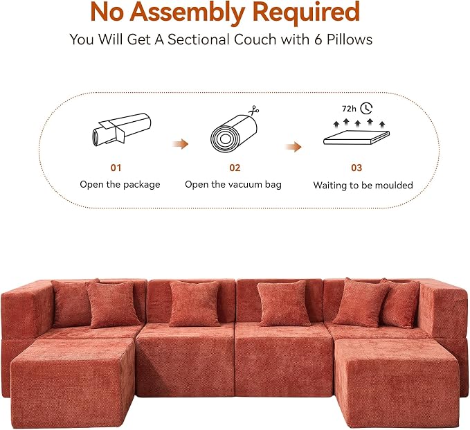 MONVANE Modular Sectional Cloud Couch for Living Room - 130'' 6 Seater Convertible Chenille Couches Set with Ottoman, No Assembly Compression Sofas, Comfy Floor Sofa with Memory Foam, Rust Red