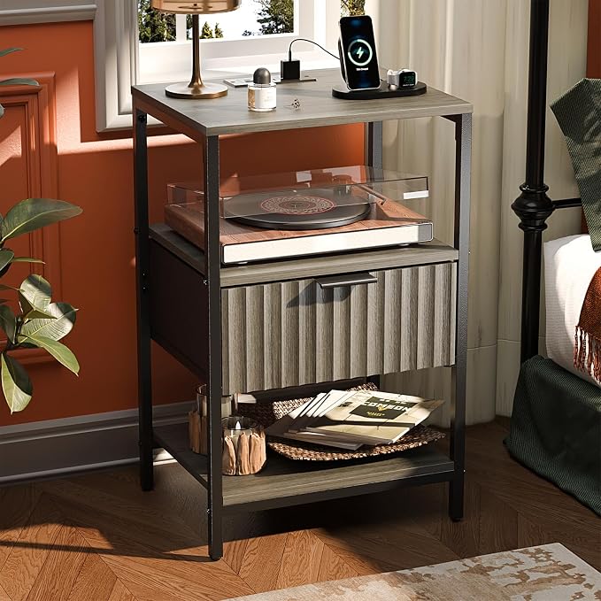 VINGLI Nightstands Set of 2 with Charging Station and Fabric Drawer, Fluted Grey Night Stand Set of 2, Gray Nightstand with Drawer, Bed side Tables/End Tables for Bedroom,14.96"W*11.81"D*23.7"H, 2 pcs