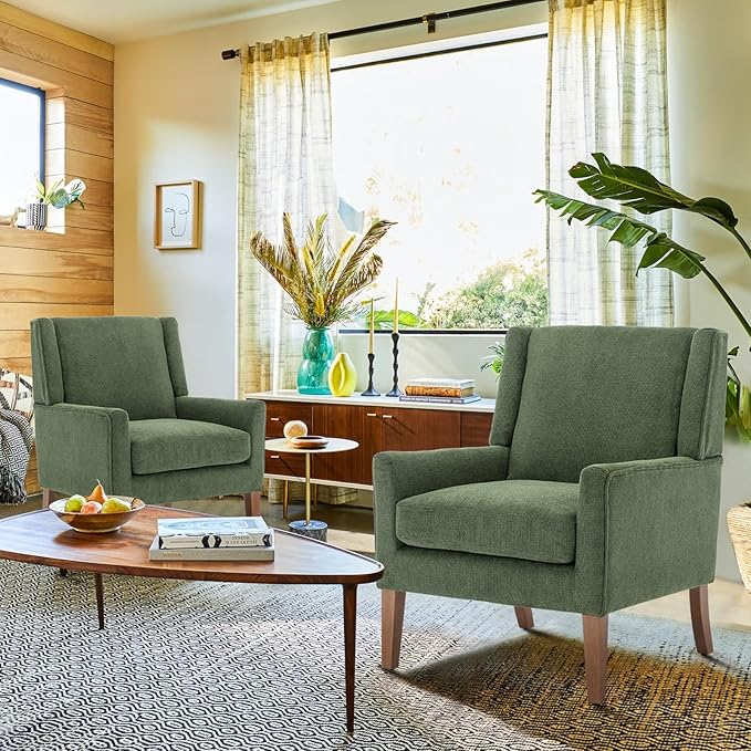 COLAMY Modern Wingback Living Room Chair Set of 2, Upholstered Fabric Accent Armchair, Single Sofa Chair with Lounge Seat and Wood Legs for Bedroom/Office/Reading Spaces, Green