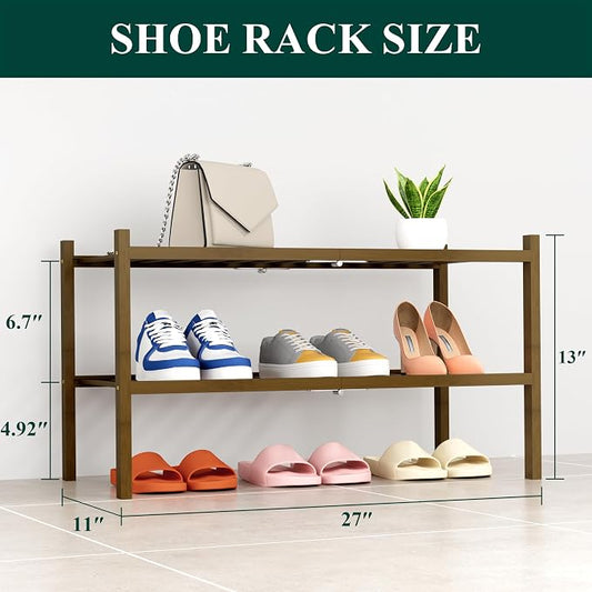 Smiry Bamboo Shoe Rack, 2 Tier Free Standing Wooden Shoe Organizer, Stackable Wood Shoe Storage Shelf for Closet, Entryway, 14 Vertical Slats, One-piece Heavy-Duty Legs, 26.8"x11"x13", Walnut