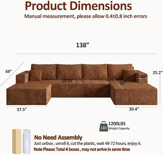 138" Modular Sectional Sofa, U-Shaped Cloud Couch with Deep Seats & Chaise, Convertible 4-in-1 Corduroy Boneless Couches for Living Room, No-Assembly - Blue (Right Facing Chaise)
