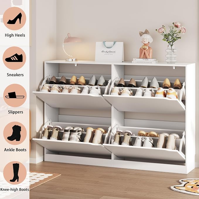 Shoe Storage Cabinet, Wood Shoe Organizer for Entryway with 3 Flip Drawers, Freestanding Shoe Rack with Adjustable Shelf, Narrow Shoe Dresser for Front Door Entrance (White, 4 Drawers)
