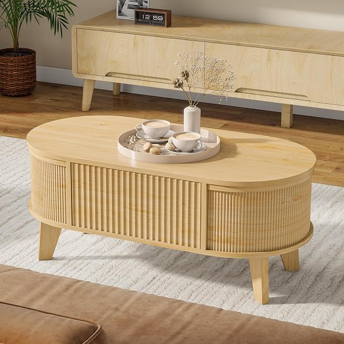 LYNCOHOME Fluted Lift Top Coffee Table with Storage,Modern Oval Coffee Table for Living Room Or Home Office(Natural)