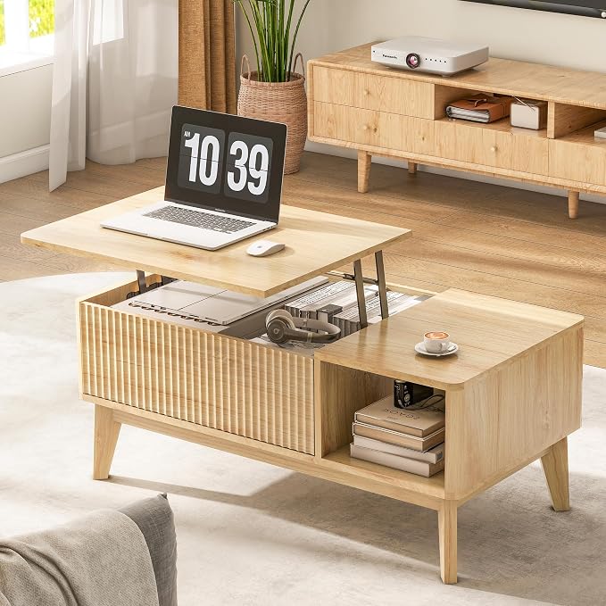 LYNCOHOME Fluted Lift Top Coffee Table with Storage, Modern Coffee Table for Living Room, Home Office(Natural)