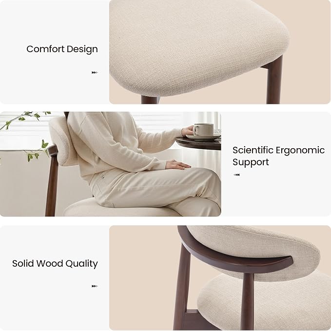 COLAMY Mid-Century Modern Wooden Dining Chair Set of 2, Indoor Upholstered Kitchen Chairs with 2.6" Cozy Padded Seat, Walnut Finish Side Dining Chair for Dining Room & Kitchen, Beige