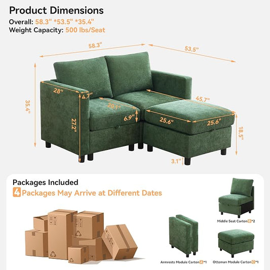 WUTUTUEE 58”Modular Sectional Loveseat Sofa with Storage, Comfy Office L Shaped Sofa Couch, Chenille Love Seat Modular Sectional Couch with Movable Ottoman for Living Room, Bedroom, Dark Green