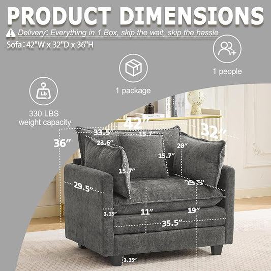 Modular Sectional Sofa Cloud Couch, Deep Seat Washable Chenille Fabric Sofa with Throw Pillows, Singel Seat Modern Couches for Living Room Bedroom Apartment, Grey