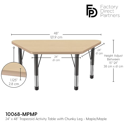 FDP Trapezoid Activity School and Classroom Kids Table (24 x 48 inch), Chunky Toddler Legs for Collaborative Seating Environments, Adjustable Height 15-24 inches - Maple Top and Maple Edge