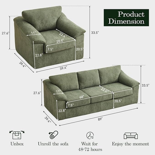 Boneless Couch Sets, Modern 3 Seater Sofa with 2 Accent Chairs, Floor Cloud Couch Sets with Extra Comfy Soft Deep Seats for Living Room, Apartment, No Assemby, Set of 3, Green