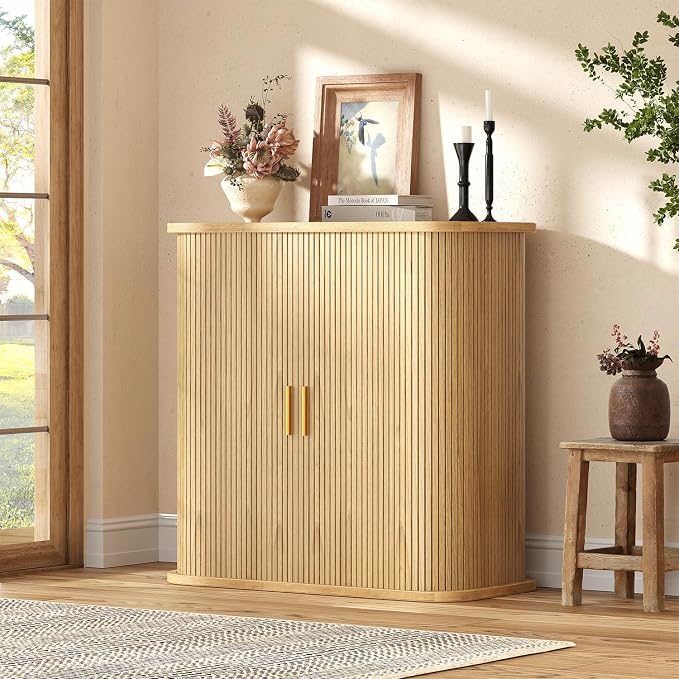UNIQUITE Shoe Storage Cabinet with Sliding Doors, 5-Tier Wood Shoe Cabinet for Entryway, Adjustable Shelves Freestanding Shoe Organizer with Gold Handle for Hallway, Living Room, Natural