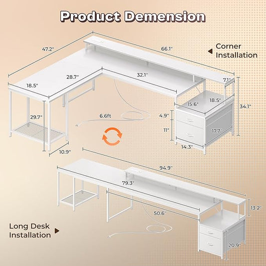 PRAISUN 66" L Shaped Gaming Desk with LED Lights & Power Outlets, Computer Desk with Fabric Drawers and Print Stand, Corner Office Desk, Monitor Stand, Mesh CPU Stand, White