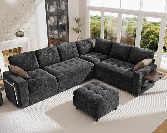 Vipbear 7 Seat L Shaped Modular Sectional Sleeper Sofa Bed with Ottoman/Pull Out Bed/Reclining Backrest/USB Ports/Table/LED Light/Storage Seat, Tool-Free Assembly, Chenille Black
