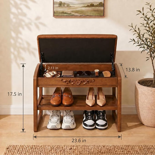 Shoe Rack Bench,2 Tiers Shoe Bench with Storage with Flip-Top,Wood Shoe Rack for Entryway,Hallway(Solid Upholstered Seat,23.6"