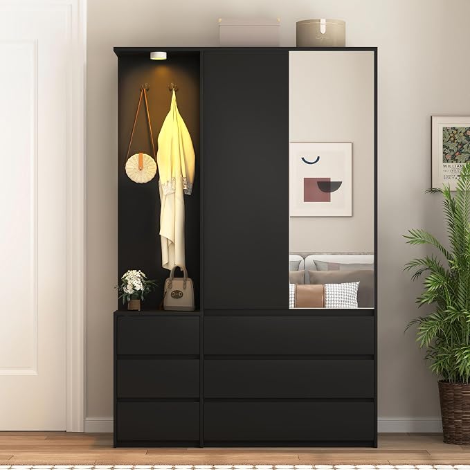 Black Wardrobe Closet with Mirror and LED Light, Armoire Wardrobe with 6 Drawers, Hanging Rod, Open Shelves, Freestanding Bedroom Storage Cabinet