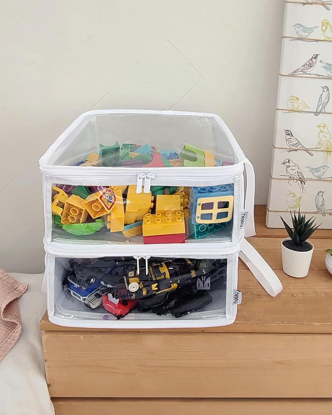 holay 2 Pack Clear Storage Cubes with Lids, 12x12x6 Toy Organizer Bins | Transparent lid & sides; reinforced carry handles; folds flat; holds toys, clothes, books; fits cube shelves