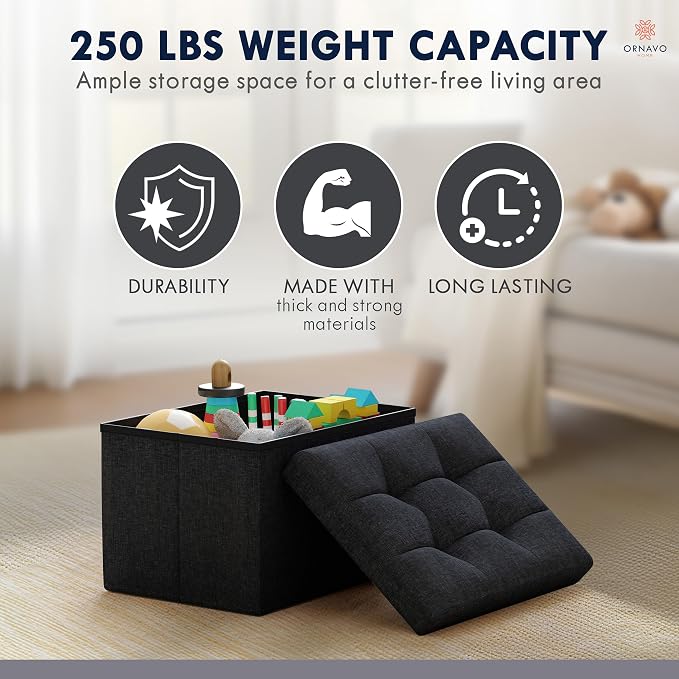 Ornavo Home Small Storage Ottoman, Set of 2, Foldable Collapsible Rectangle Linen Ottoman Foot Rest Stool Seat, for Living Room, Bedroom, Home Office, Dorm - 12 x 16 x 12, Black