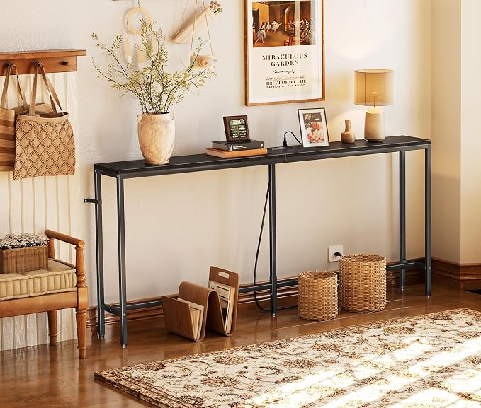 SUPERJARE 70 Inch Console Table with Outlet, Sofa Table with Charging Station, Narrow Entryway Table, Skinny Hallway Table, Behind Couch Table, for Living Room, Black