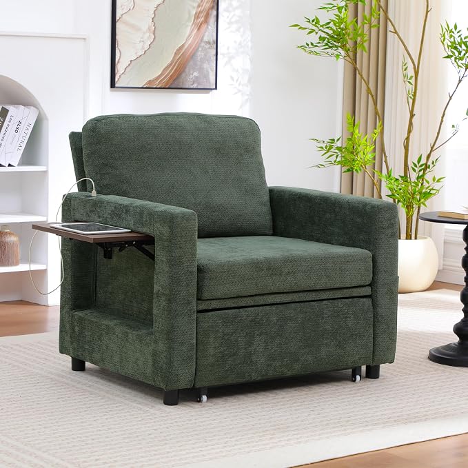 3 in 1 Folding Convertible Sleeper Sofa Bed Pull Out Couch with Side Pockets USB Port Side Table Single Sofa Bed with Adjustable Backrest for Living Room Bedroom 66" DarkGreen 1 SEAT
