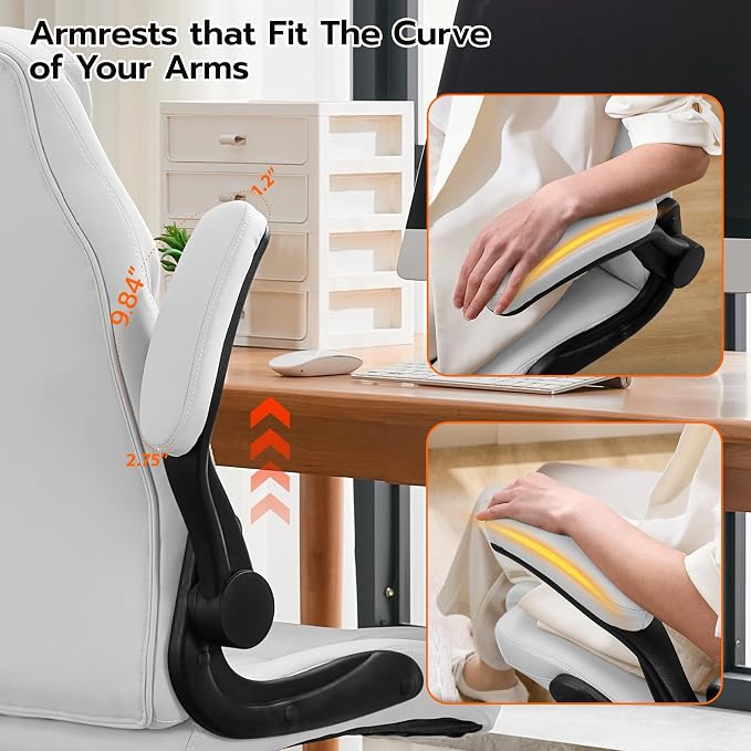 Ylzyxal Office Desk Chair, Ergonomic Computer Chair with Padded Flip-Up Arms and Adjustable Lumbar Support, PU Leather Executive Chair with Tilt Lock and 360° Swivel Rolling Wheels for Work, Study