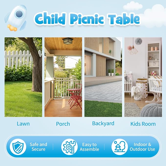 JOYMOR Kids Picnic Table with Removable Umbrella, Plastic Kids Activity Table for Outdoors, Toddler Table and Bench Set for Ages 3+, Ideal for Garden, Patio, Coloful