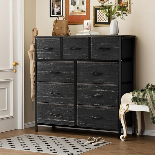 Sweetcrispy 9 Drawer Fabric Dresser Storage Tower with Wood Top and Steel Frame, Organizer Chest with Easy Pull Handles for Bedroom, Closet, Hallway,Black Wood Grain