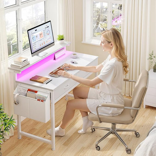 DurayLoly Computer Desk with 2 Drawers & LED Lights,31Inch Home Office Desks with Side Pocket and Monitor Stand,Study Writing Table for Small Spaces,White