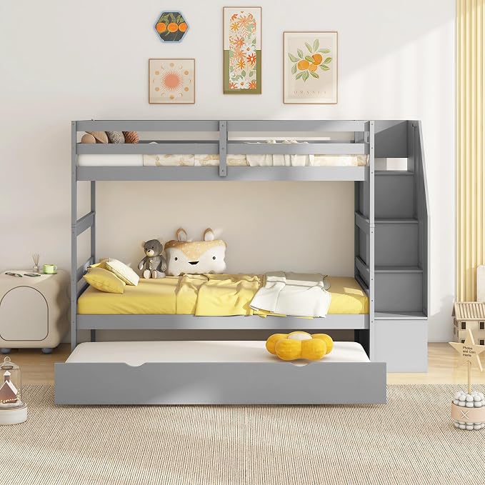 Giantex Bunk Bed Twin Over Twin with Trundle & Storage Stairs, Solid Wood Bunk Bed, Convertible to 2 Beds, Versatile Bunk Beds for Kids Teens Adults, Grey