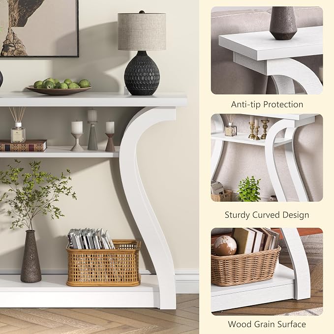 Wooden Console Table with Curved Legs and Shelf, 3-Tier Modern Accent Narrow Sofa Table for Entrance Area, Living Room, Hallway, 47 in Wide Wood Console Table for Entryway (White)