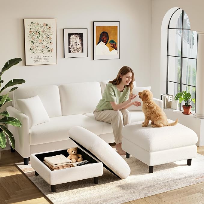 Welzona 83" Couches for Living Room, Teddy Sofa Couch, Comfy Sofas for Living Room, Tool-Free Setup Loveseat Sofa, All-Wood Love Seat Couches, Small Couch 2 Pillows Included, Beige White