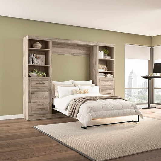 Bestar Pur Full Murphy Bed and 2 Shelving Units with Drawers, 109-inch Space-Saving Wall Bed
