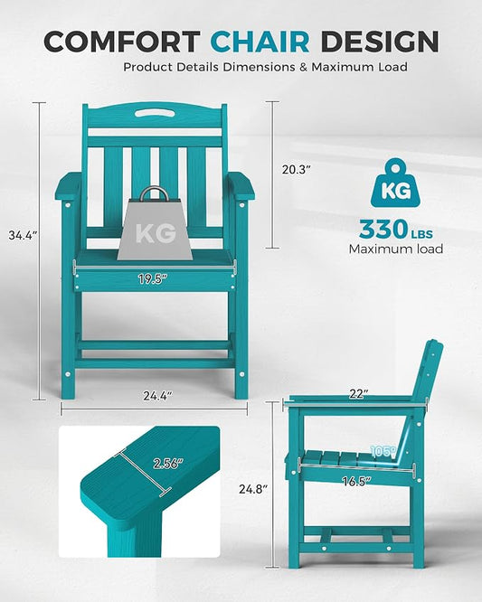 Ciokea HDPE Outdoor Patio Dining Chairs Set of 2, All-Weather Porch Chair with Wide Seat, Durable Outdoor Furniture for Backyard, Garden, Lawn & Poolside, Lake Blue